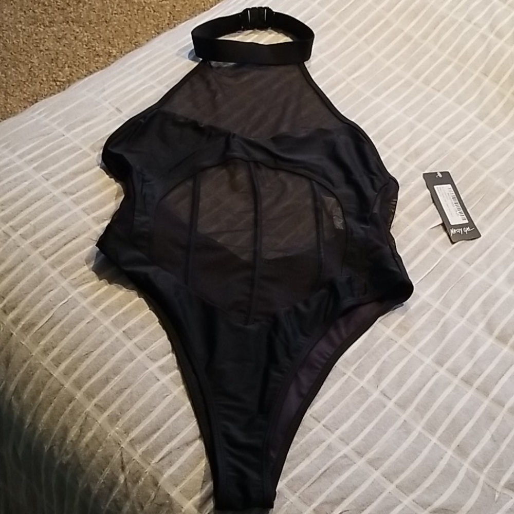 Nasty Gal mesh panel high neck swimsuit